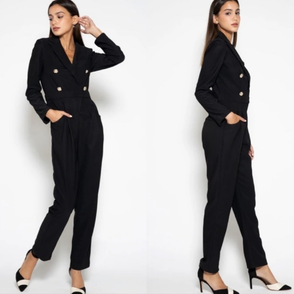 Gracia Black Double-Breasted Suit Style Jumpsuit Size Large